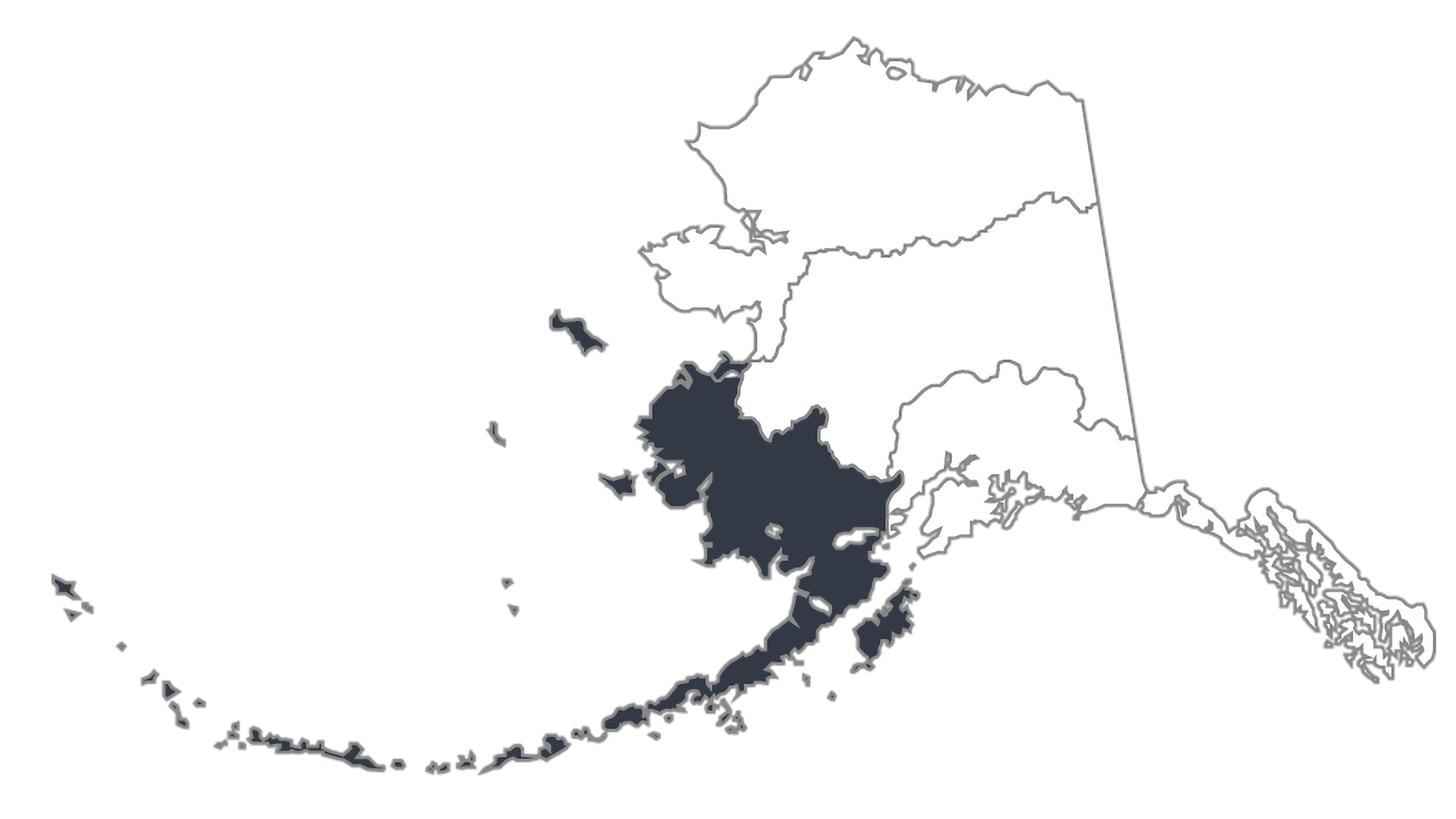 Map of Alaska broken into 5 outlined section; far left section darkened.