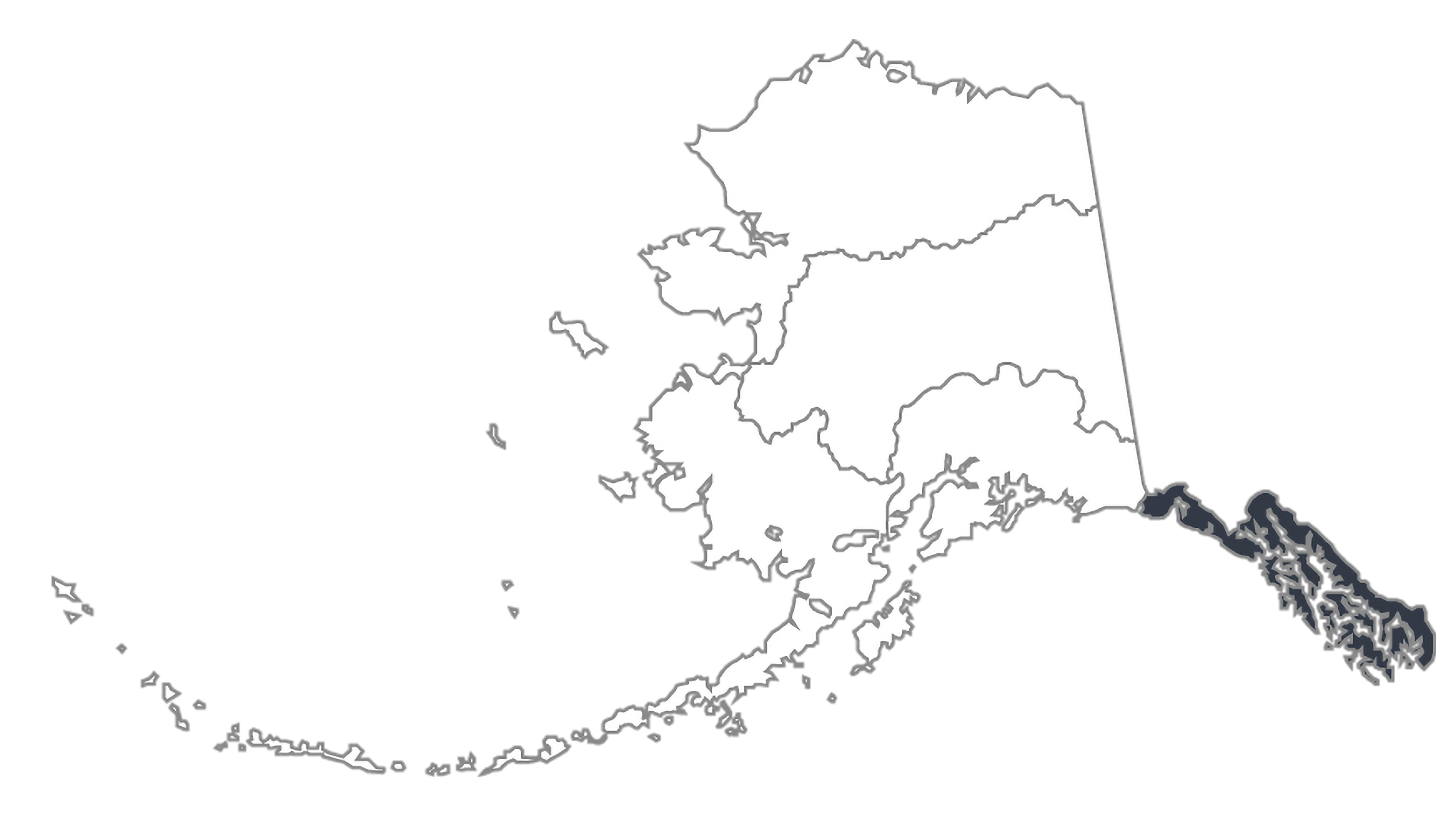 Map of Alaska broken into 5 outlined sections; far right section darkened.