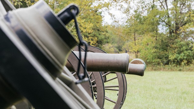 The barrels of two cannons lined up. 