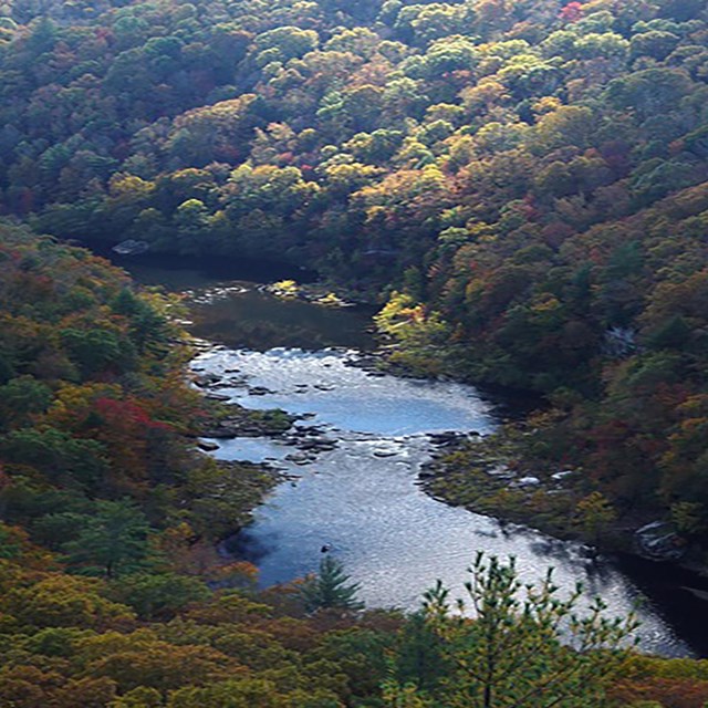 Aerial shot Big South Fork National River and Recreation Area.