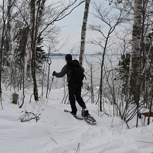 A hiker wearing a grey jacket and snowshoes walks along a snow-covered trail looking over the lake.