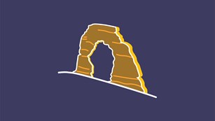 Brown and yellow graphic of Delicate arch outlined in white set against a dark blue backdrop. A yell