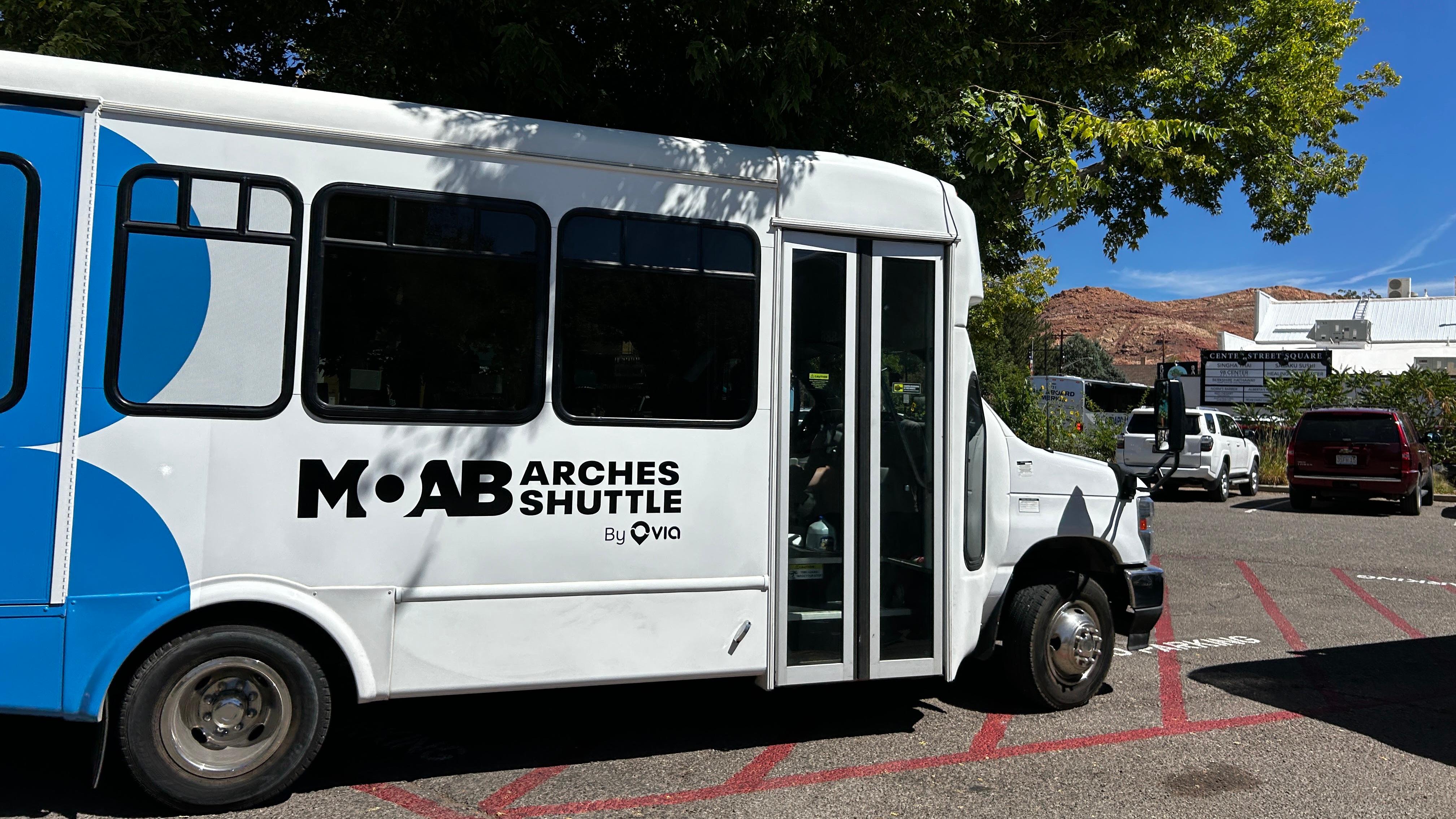 blue and white shuttle bus parked on pavement under a large green tree