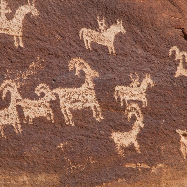 horseback riders and bighorn sheep marked on a wall