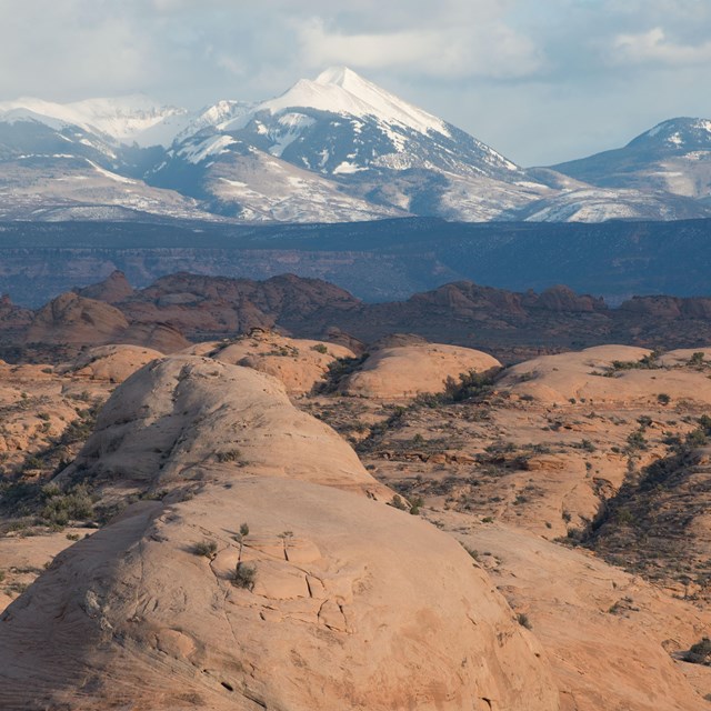 rolling brown rocky slopes with snow-capped mountains in the distance