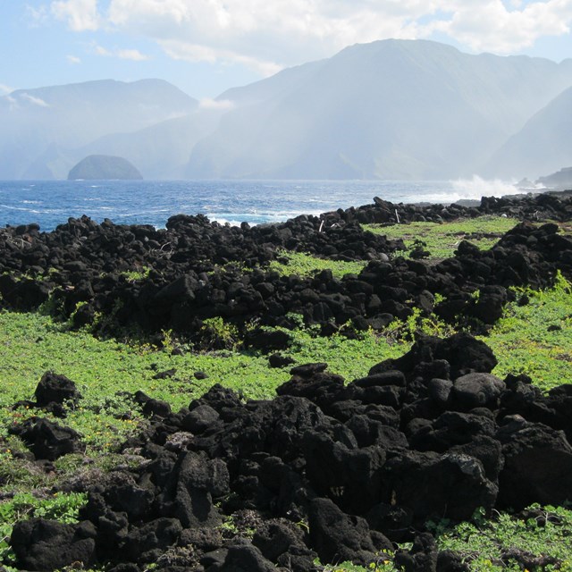 Black rock walls on a grassy field with mountains in the distance