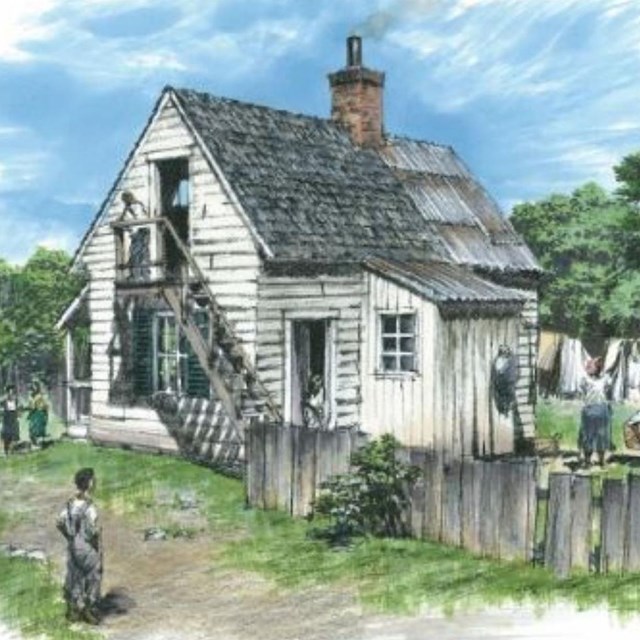 Artist's rendition of a white frame house with a garden