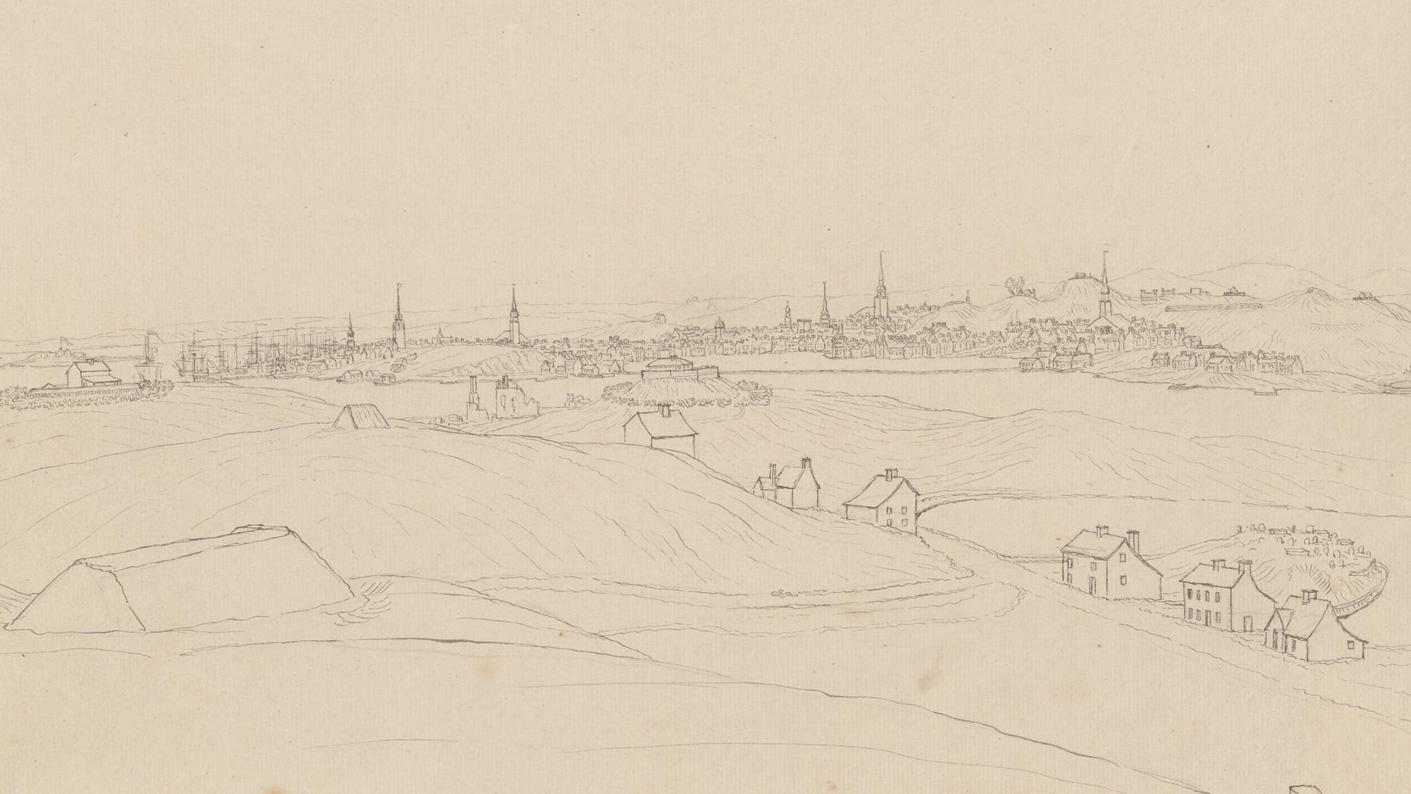 Sketch of winter scene with hillside in the foreground and Boston in the background.