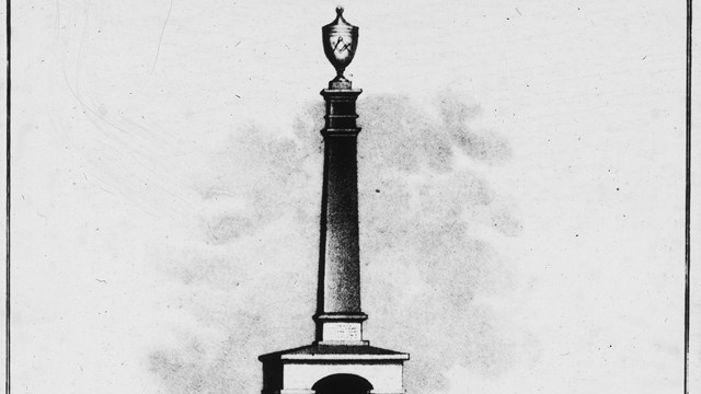 Sketch of a monument with a large square base and a column with an urn at the top. 