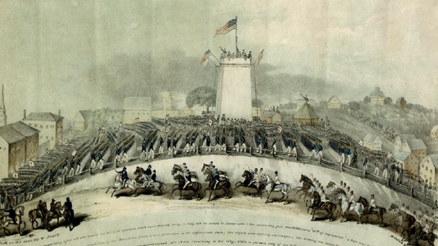 Etching of soldiers parading on the grounds of a partly built Bunker Hill Monument. 