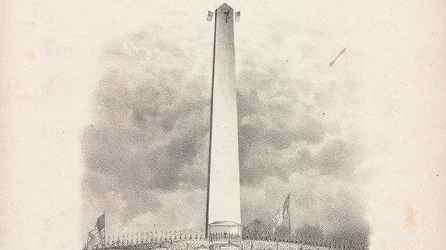 Sketch of a crowd of people gathered on the grounds of the Bunker Hill Monument.
