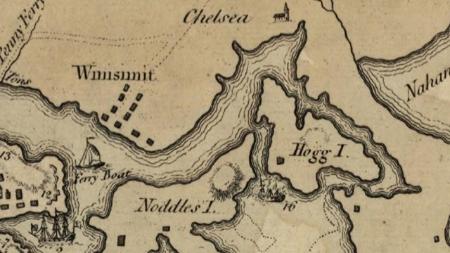 Historical Map focused on Noddles and Hog Islands, off the coast of Chelsea. 