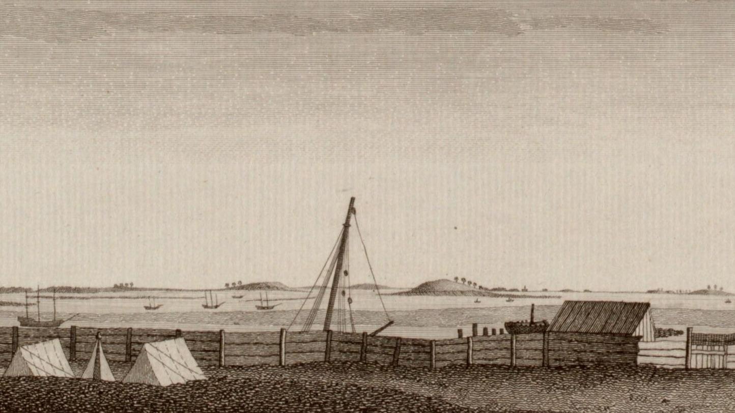 View of Boston Harbor and islands from an encampment on shore