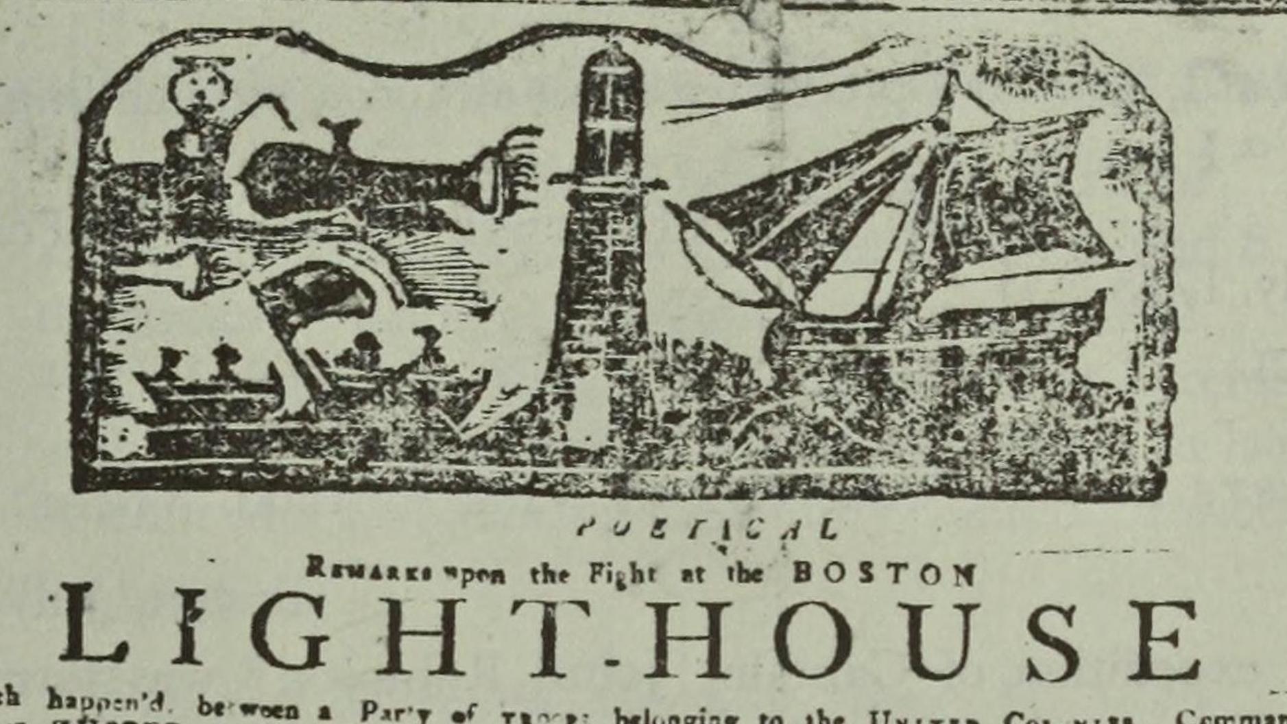 Engraving of soldiers on boats surrounding a lighthouse.