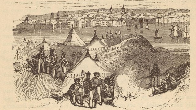 Engraving of a camp with tents and soldiers, overlooking Boston Harbor.