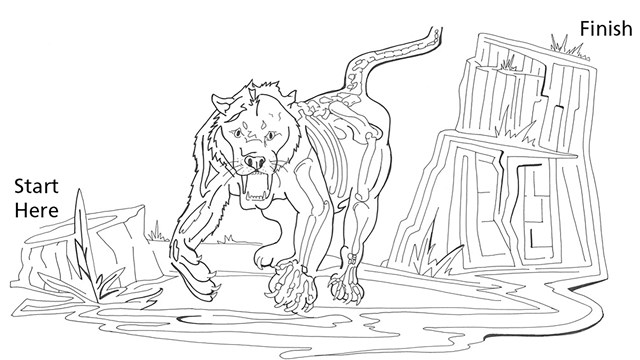 an black and white sketch of a cat-like animal with lines that act as a maze