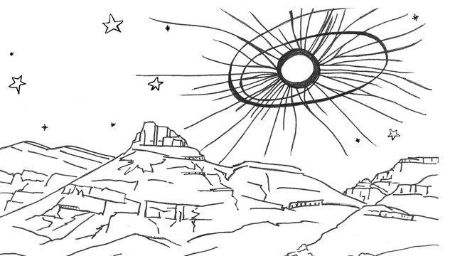 one promote sharp mountain with multiple rock layers during a total solar eclipse