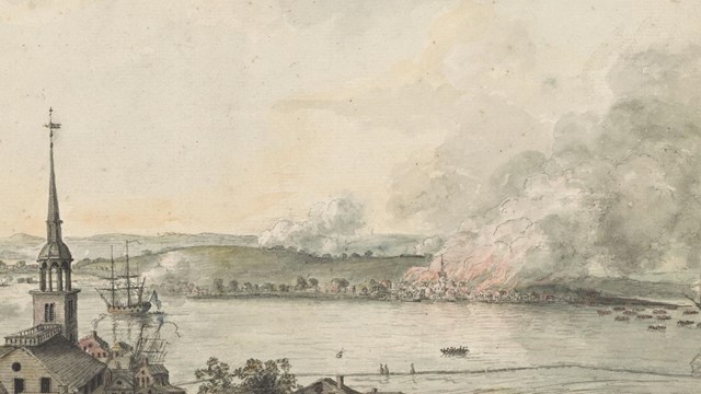 painting with Boston in the foreground overlooking Charlestown with flames and smoke