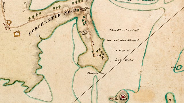 cropped map focused on Dorchester Heights and surrounding tidal flat.