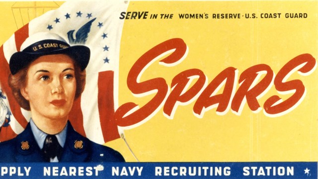 Yellow illustrated posted with woman in uniform and flag and text "Spars"