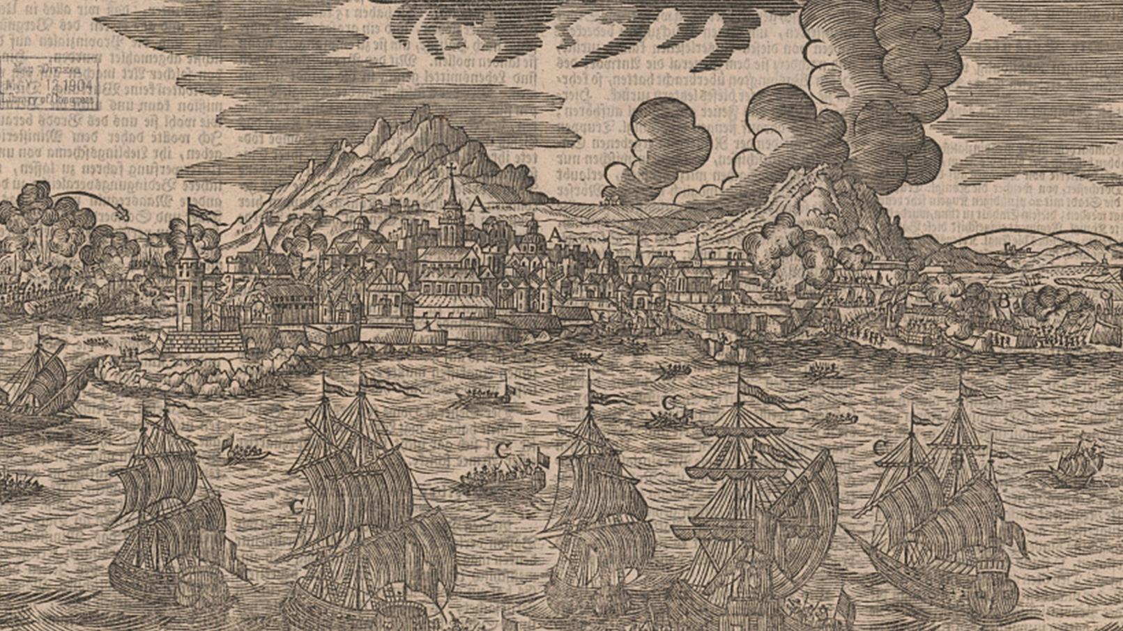 woodcut of british ships leaving boston, boston in the background