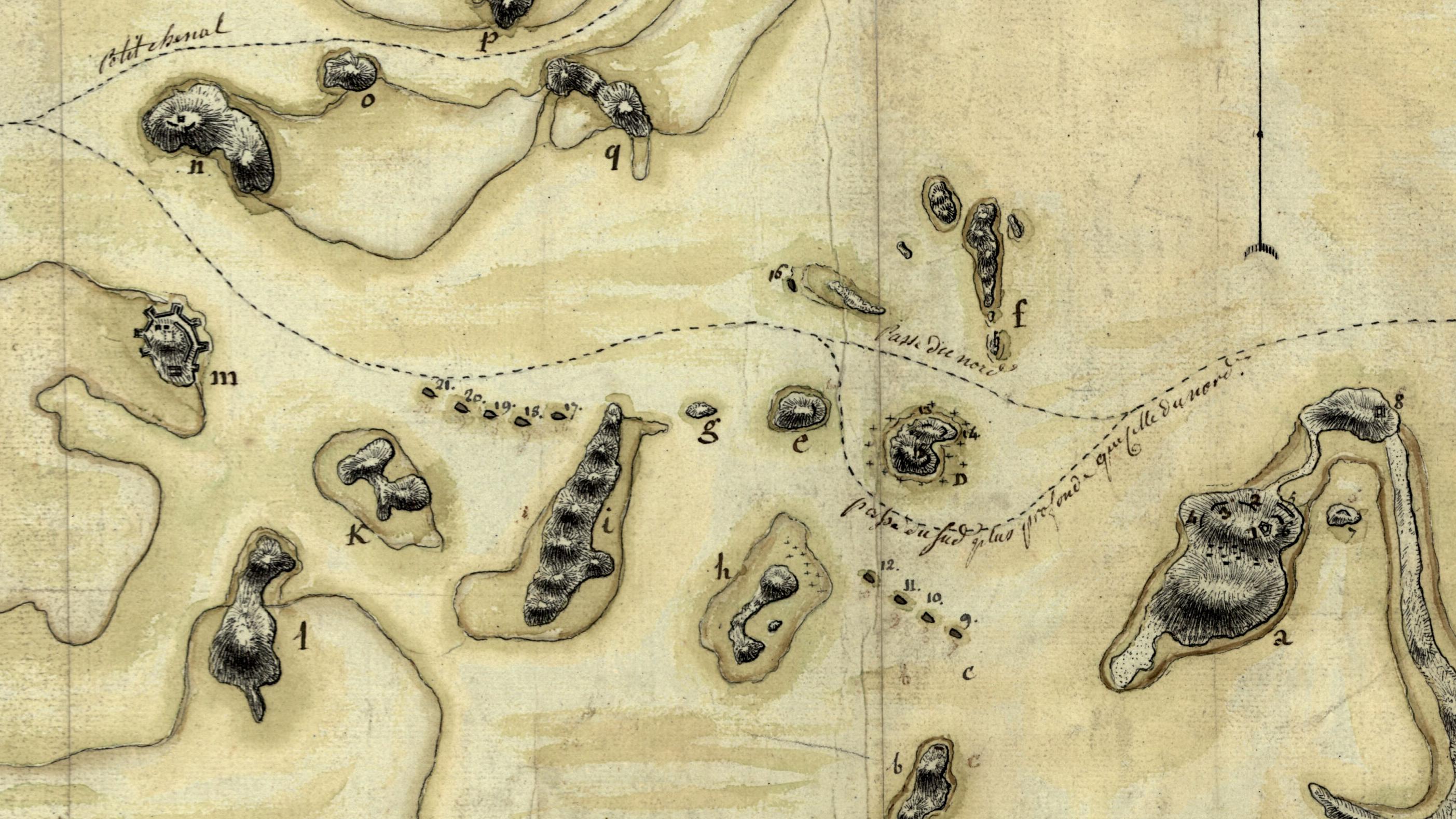 Map of Boston Harbor, with shipping route outlined and French ships identified.