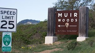 A sign readying Muir Woods next to a road with a speed limit sign readying SPEED LIMIT 25 and a gree
