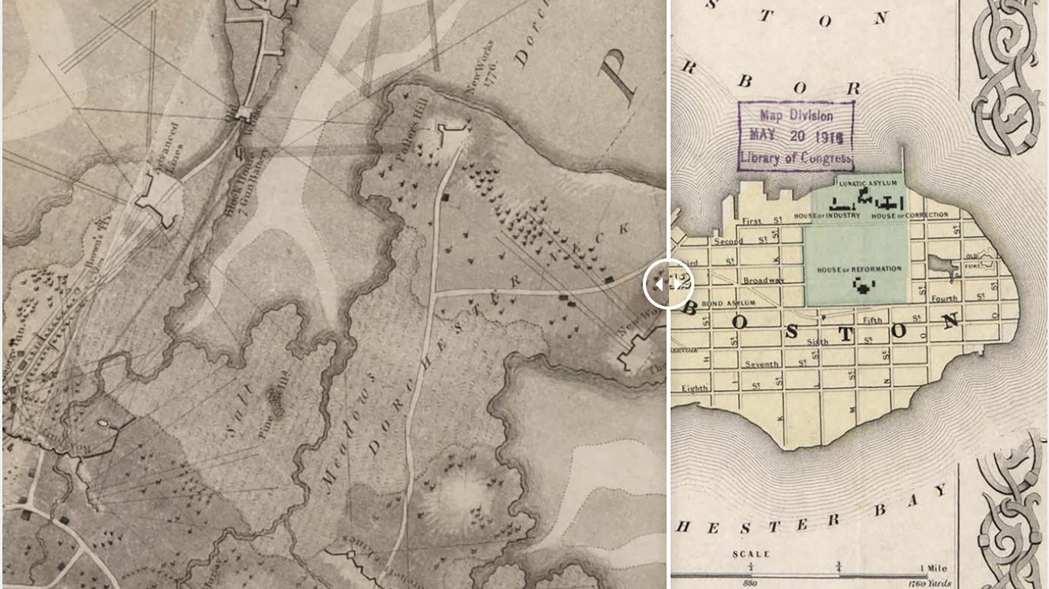 Comparison of an old and a more modern map split about two thirds of the way to the right.