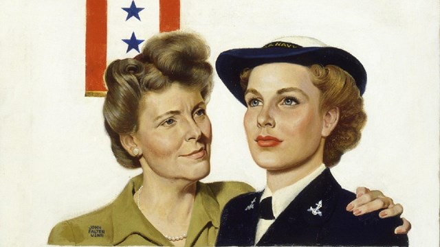 An older white woman embraces a younger white woman wearing military uniform