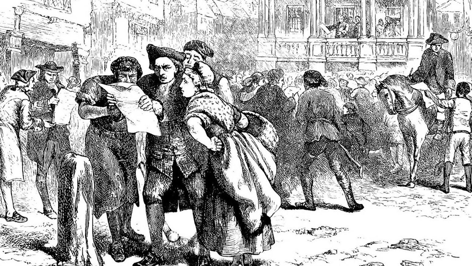 Sketch of people reading the Stamp Act in front of the State House