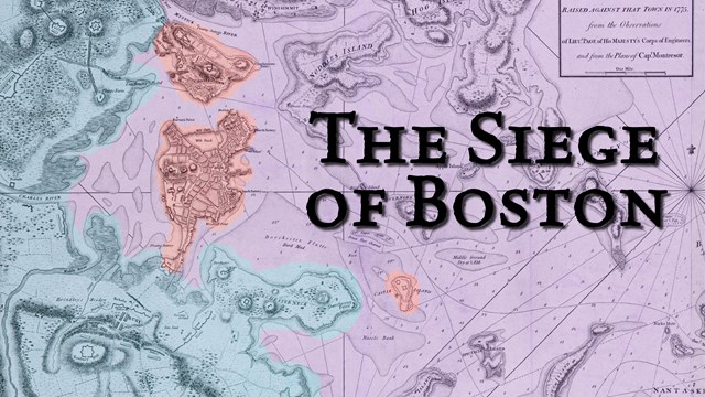 Map of Boston and Harbor. Shaded in red (British), blue (American), and purple (contested land)