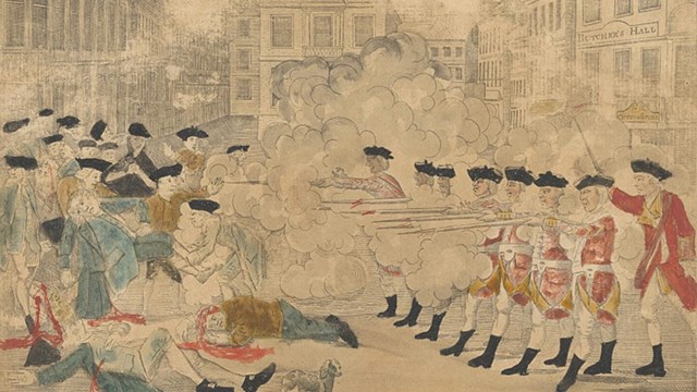 Paul Revere engraving of Boston Massacre. A row of redcoats firing upon Bostonians.