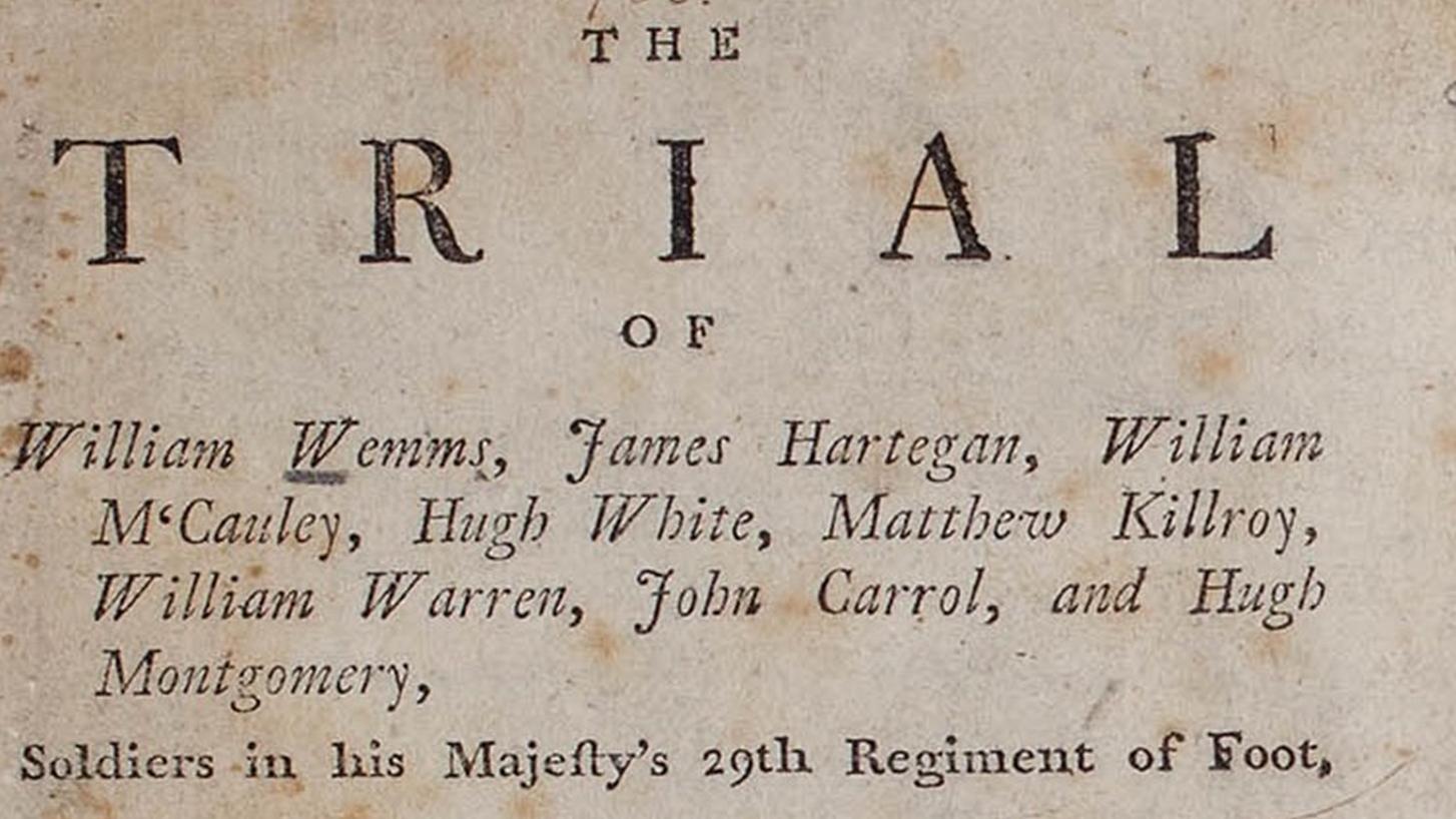 title page of the pamphlet about the trial of the soldiers responsible for the Boston Massacre