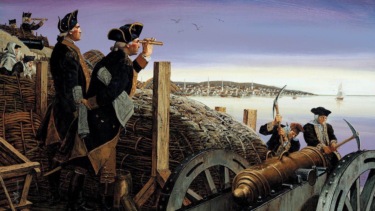 Illustration of Continental soldiers and officers in a fortification overlooking a harbor.