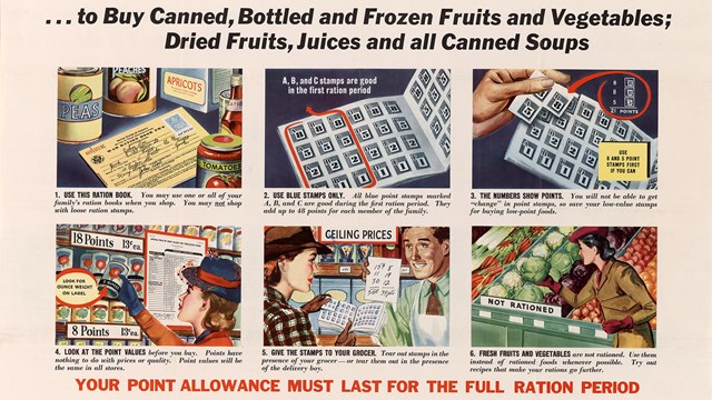 Illustrated image of ration coupons and woman shopping for groceries