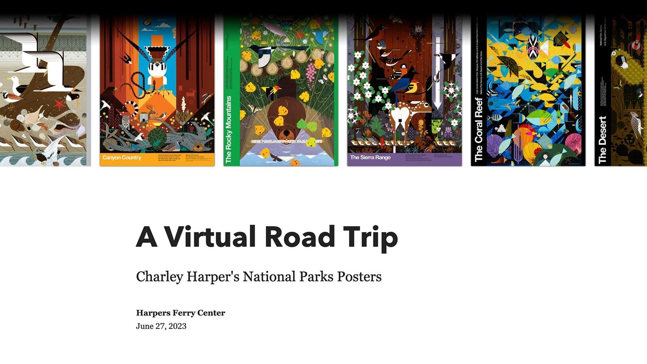 Screenshot showing line of colorful national park posters and text saying A Virtual Road Trip