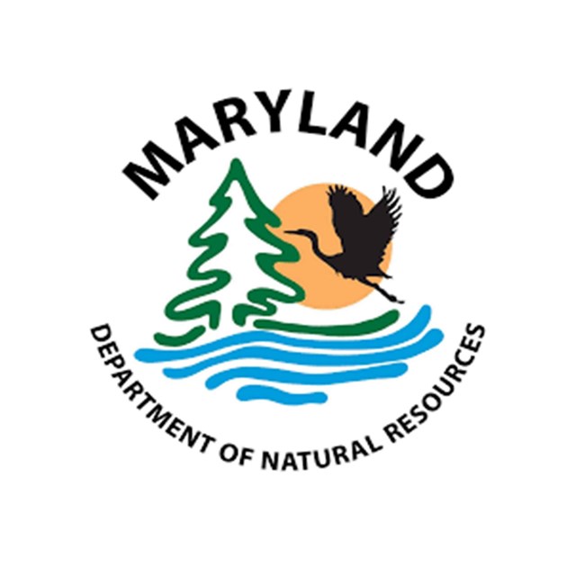 Maryland Department of Natural Resources Logo, which is a bird flying over water with a tree and the