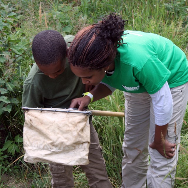 Two kids looking at items collected in a net 