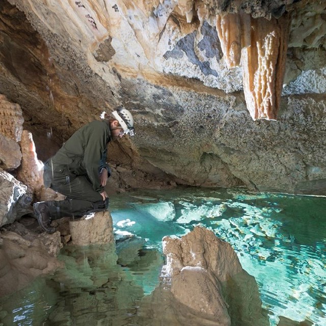 Caver examining a cave pool 