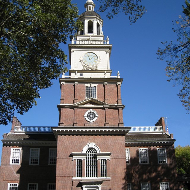 Close-up of Independence Hall clock tower. 