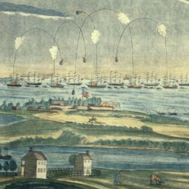 Drawing of bombardment of Fort McHenry, 1812. 