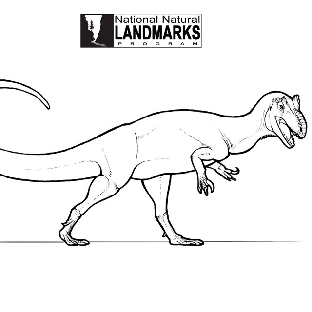 Line drawing of dinosaur walking on two legs