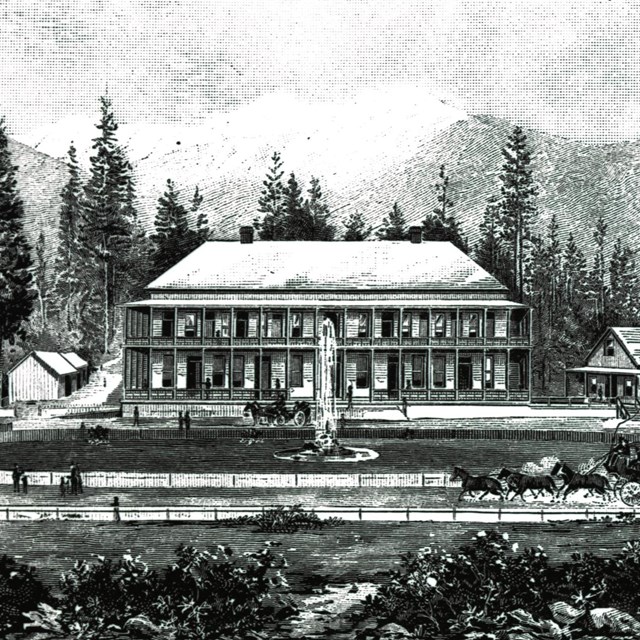 A black and white engraving of the Wawona Hotel. 