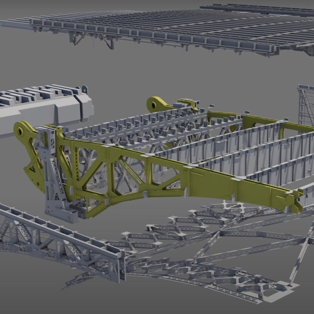 3D rendering of the parts of a steel drawbridge mechanism