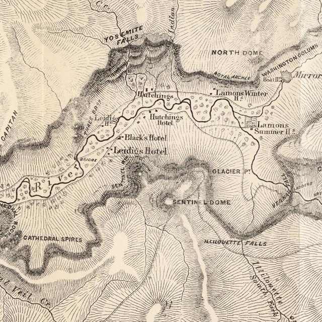 Hand-drawn 1874 map of Yosemite Valley