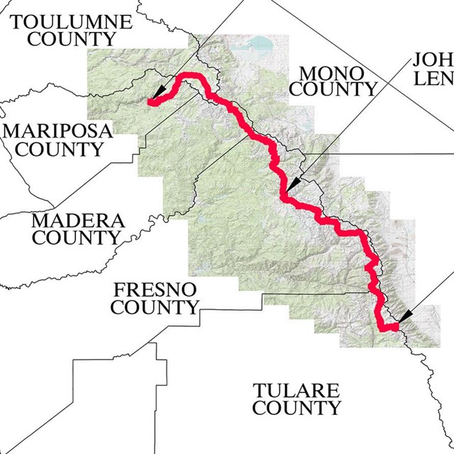 Topographic map of California with John Muir Trail marked in red
