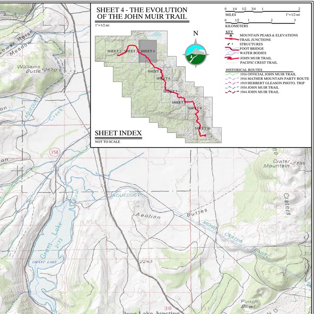 Topographic map showing a section of John Muir Trail