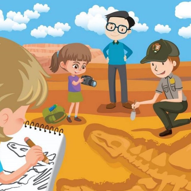 cover page for the Prehistoric life coloring book with a paleontologist digging for fossils