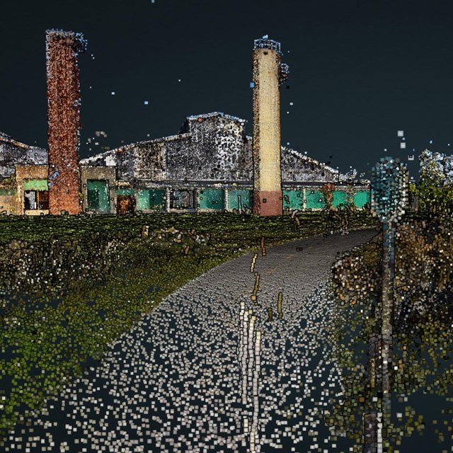 3D rendering of point-cloud of hangar building and towers