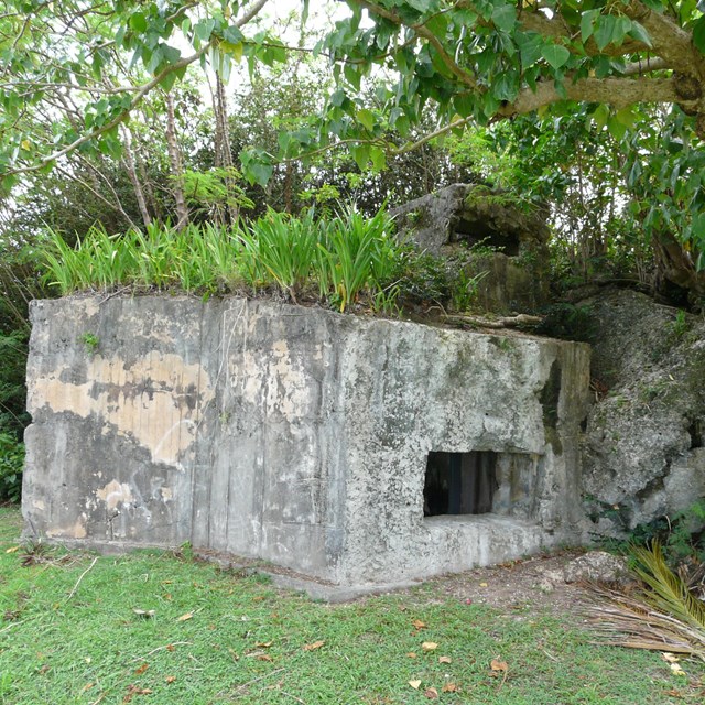 A concrete bunker with a large opening on one side.